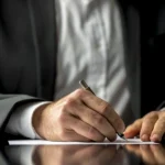 Suited person signing a document